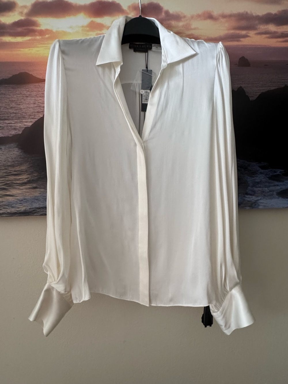 Alice + Olivia Ivory Silk blend Long Sleeve Button-Front Blouse/M/ NWT